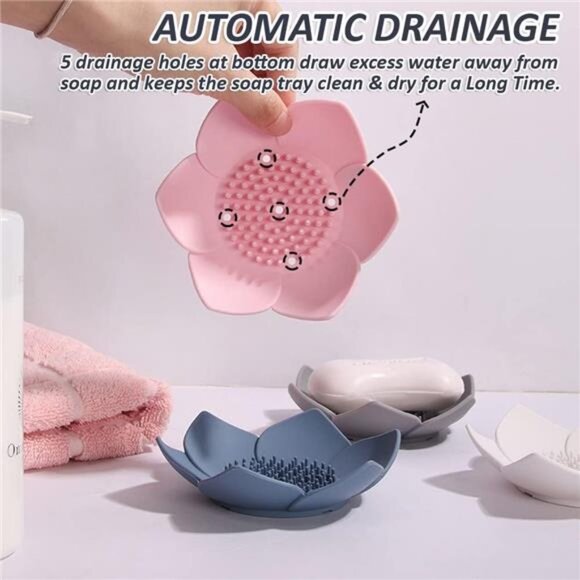 Silicone Soap Dish Soap Holder Flower Shape Draining Tray for Bathroom Kitchen - Picture 4 of 7